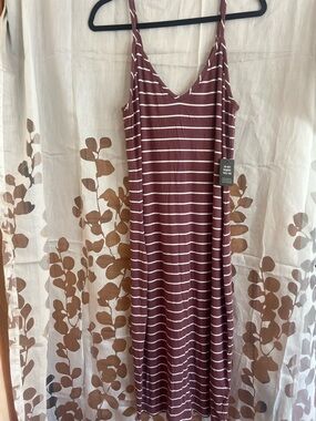NWT Express Striped V-Neck Spaghetti Strap Dress - Maroon and White